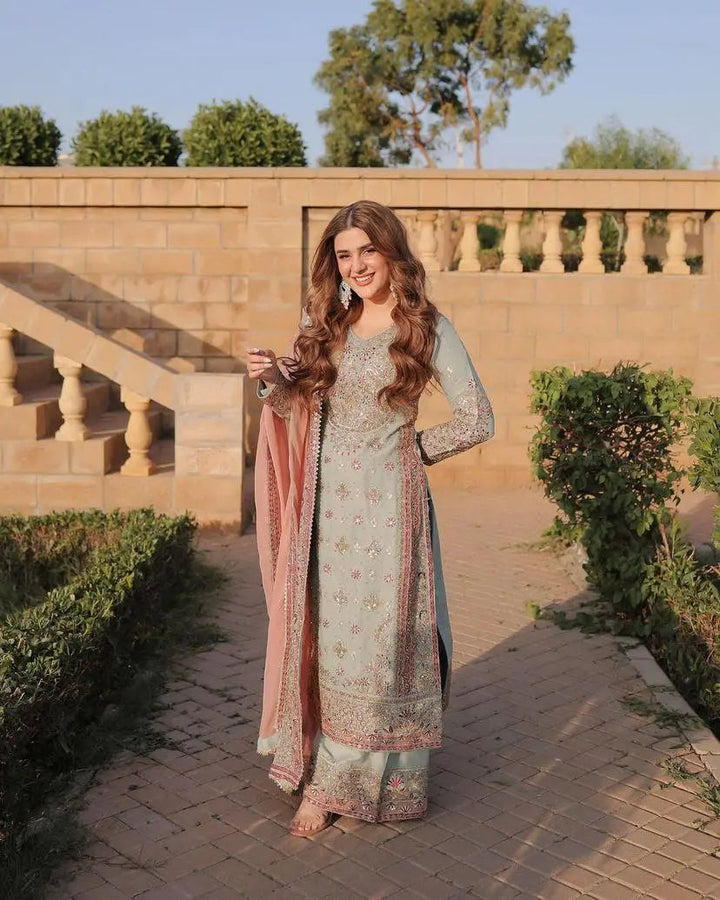 Mint Green Embroidered Suit Set with Blush Pink Dupatta