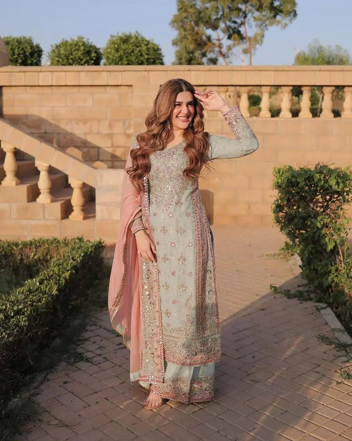 Mint Green Embroidered Suit Set with Blush Pink Dupatta