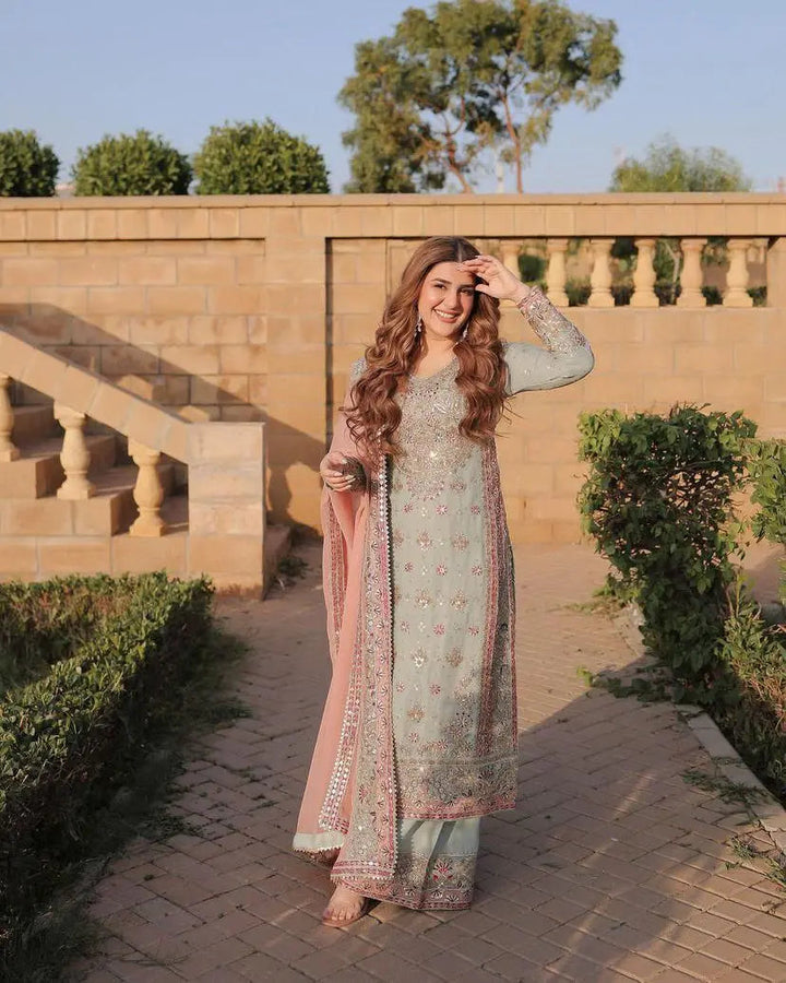 Mint Green Embroidered Suit Set with Blush Pink Dupatta