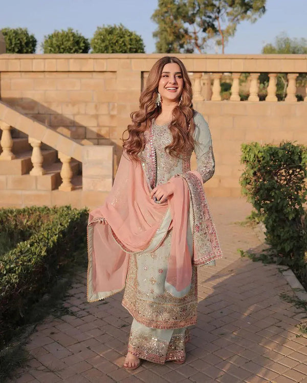 Mint Green Embroidered Suit Set with Blush Pink Dupatta