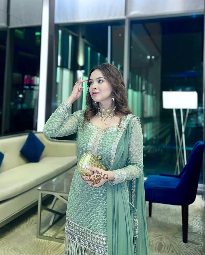Sage Green Embellished Gharara Suit Set with Dupatta