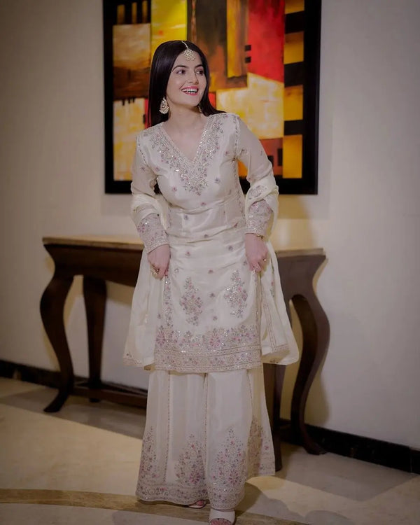 Ivory Embroidered Gharara Suit Set with Dupatta