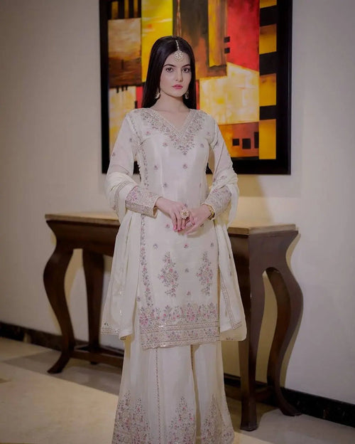 Ivory Embroidered Gharara Suit Set with Dupatta