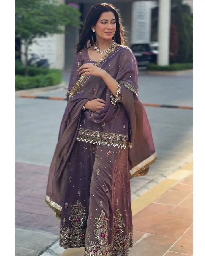 Royal Mauve Embroidered Sharara Set with Silk Dupatta