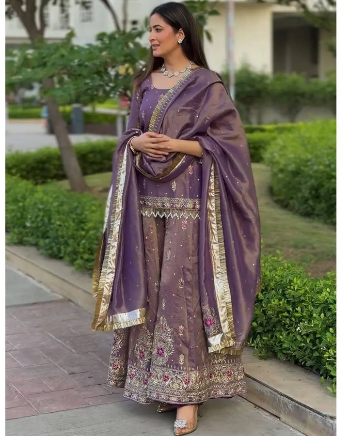 Royal Mauve Embroidered Sharara Set with Silk Dupatta