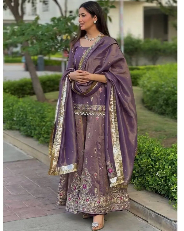 Royal Mauve Embroidered Sharara Set with Silk Dupatta