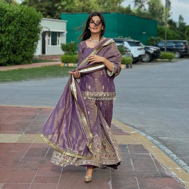 Royal Mauve Embroidered Sharara Set with Silk Dupatta