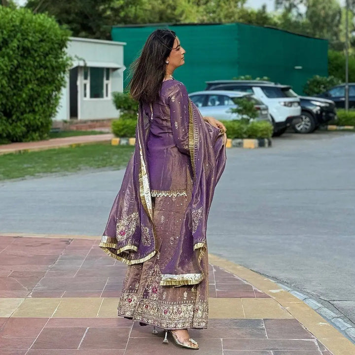 Royal Mauve Embroidered Sharara Set with Silk Dupatta
