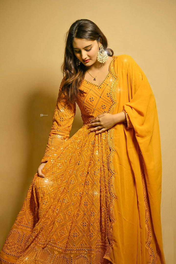 Mustard Yellow Embroidered Anarkali Gown Set with Dupatta