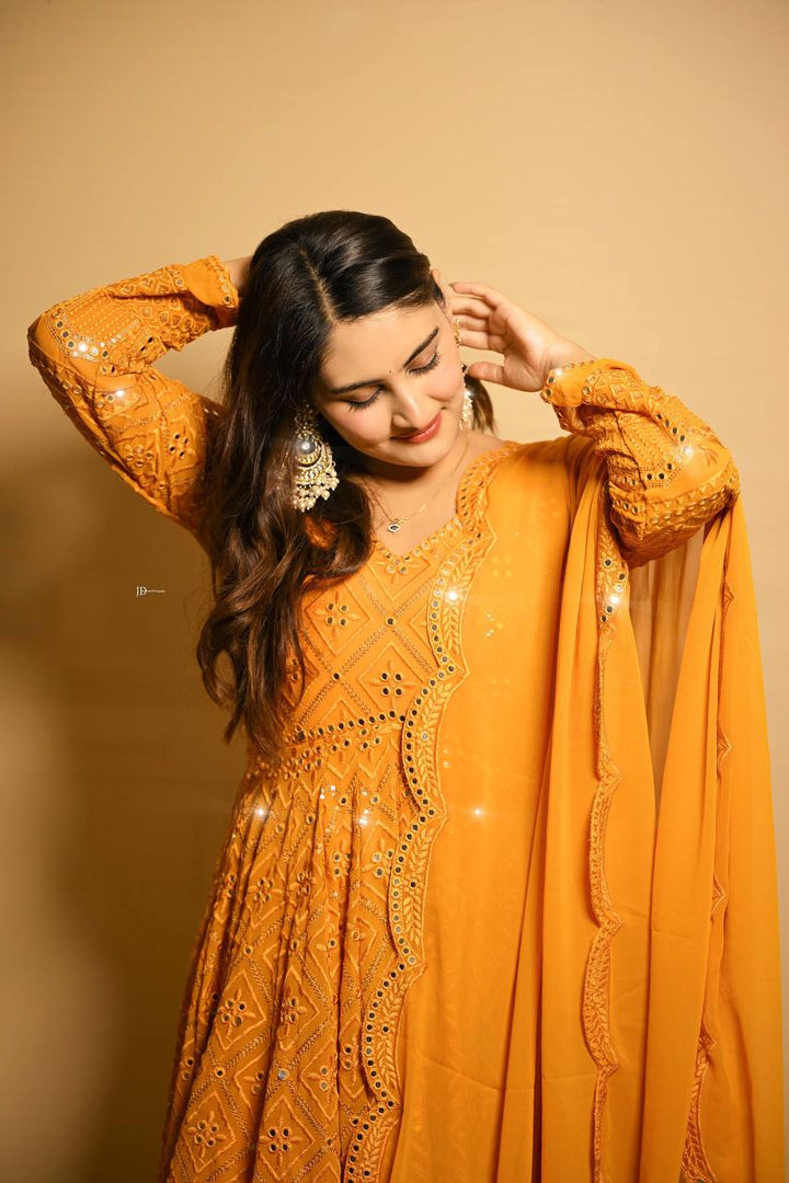 Mustard Yellow Embroidered Anarkali Gown Set with Dupatta