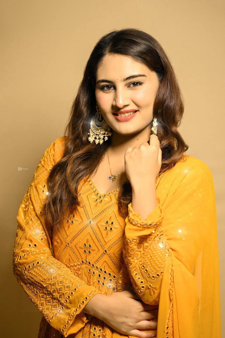 Mustard Yellow Embroidered Anarkali Gown Set with Dupatta