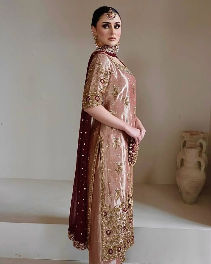Rose Gold Embroidered Luxury Suit Set with Dupatta