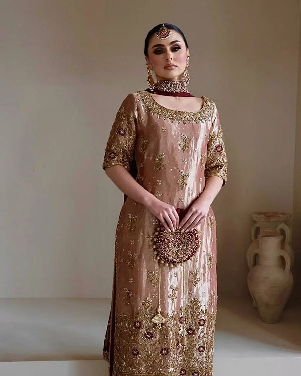 Rose Gold Embroidered Luxury Suit Set with Dupatta