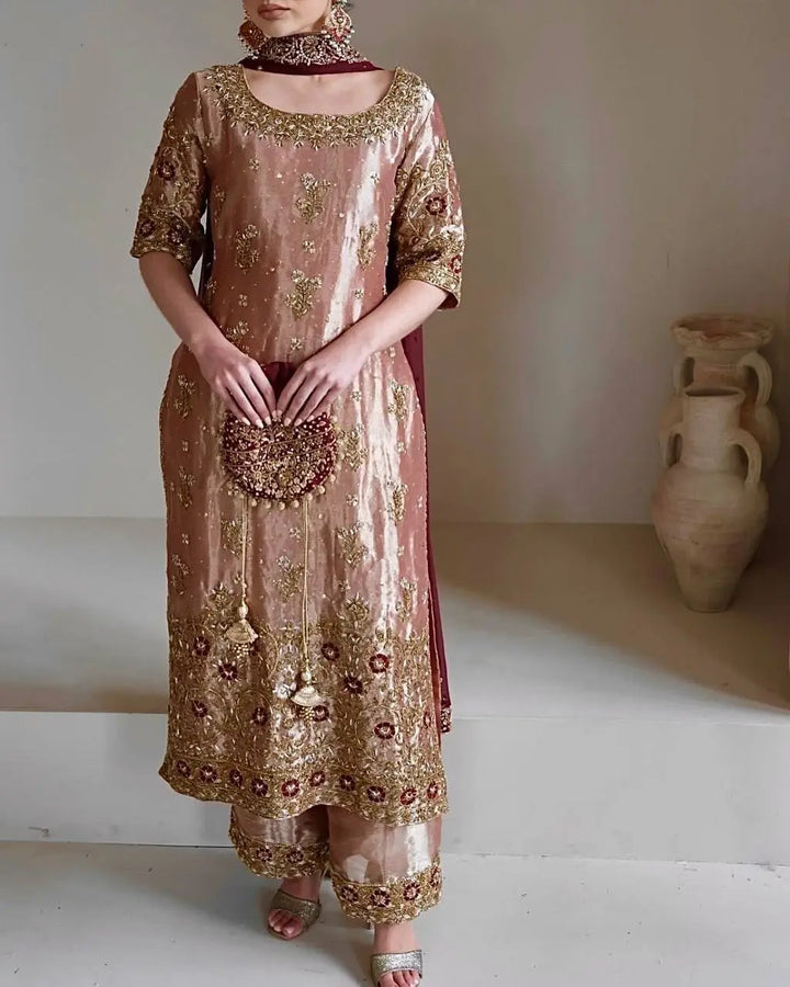 Rose Gold Embroidered Luxury Suit Set with Dupatta