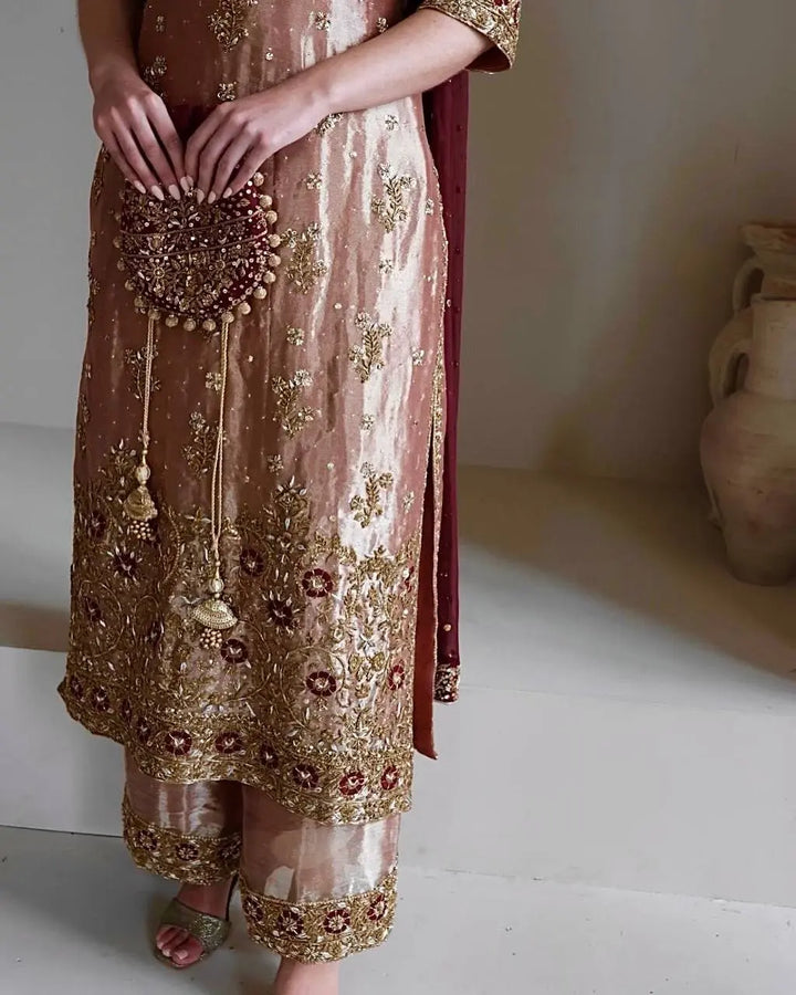 Rose Gold Embroidered Luxury Suit Set with Dupatta