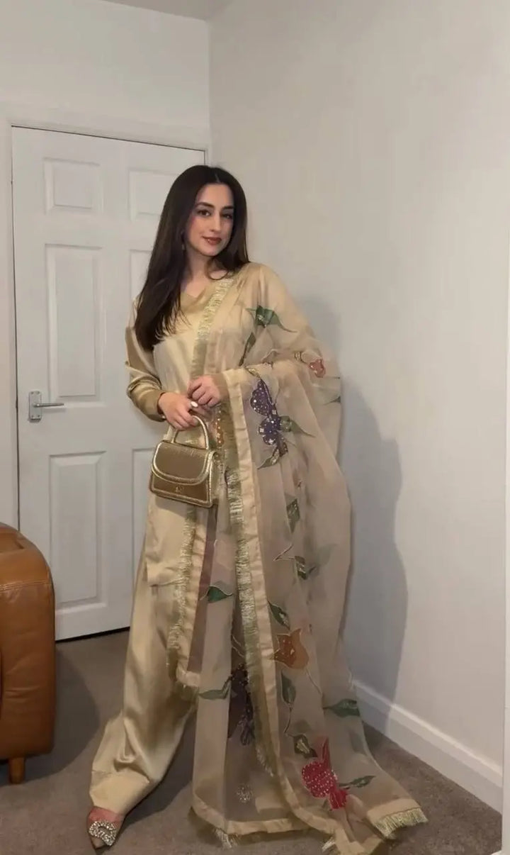 Champagne Gold Silk Co-Ord Suit Set with Organza Dupatta