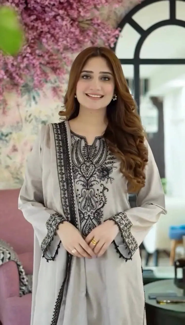 Pearl Grey Embroidered Suit Set with Dupatta