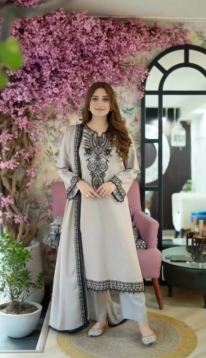 Pearl Grey Embroidered Suit Set with Dupatta