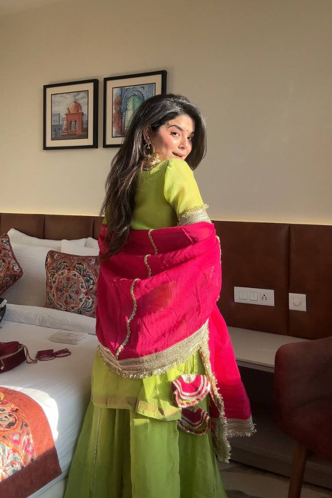 Lime Green Embroidered Gharara Set with Pink Dupatta