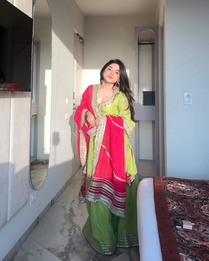 Lime Green Embroidered Gharara Set with Pink Dupatta