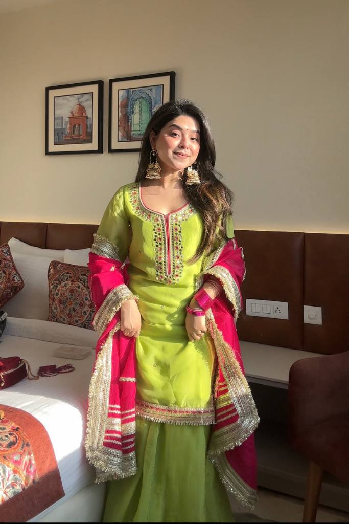 Lime Green Embroidered Gharara Set with Pink Dupatta