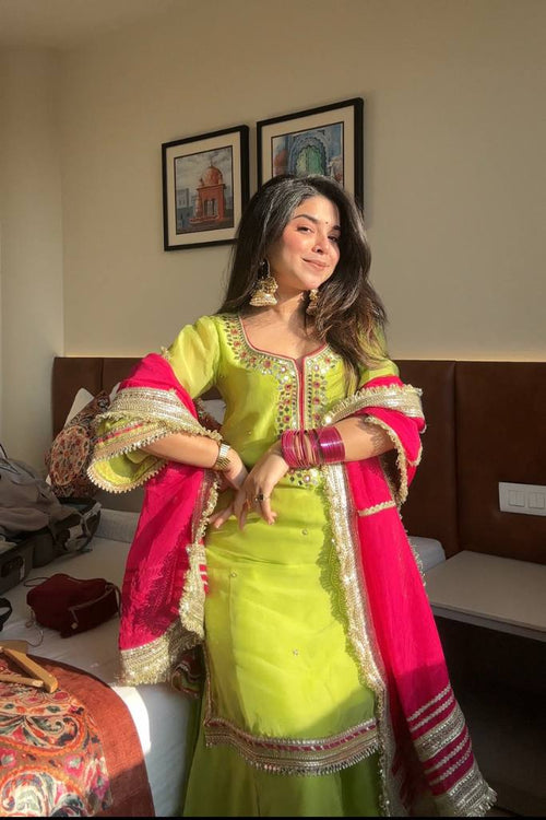 Lime Green Embroidered Gharara Set with Pink Dupatta