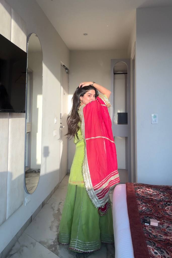 Lime Green Embroidered Gharara Set with Pink Dupatta