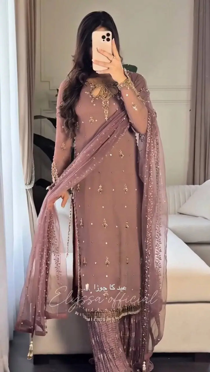 Dusty Mauve Embellished Pakistani Suit Set with Net Dupatta