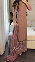 Dusty Mauve Embellished Pakistani Suit Set with Net Dupatta