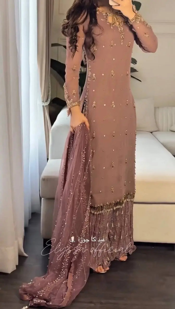 Dusty Mauve Embellished Pakistani Suit Set with Net Dupatta
