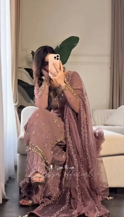 Dusty Mauve Embellished Pakistani Suit Set with Net Dupatta