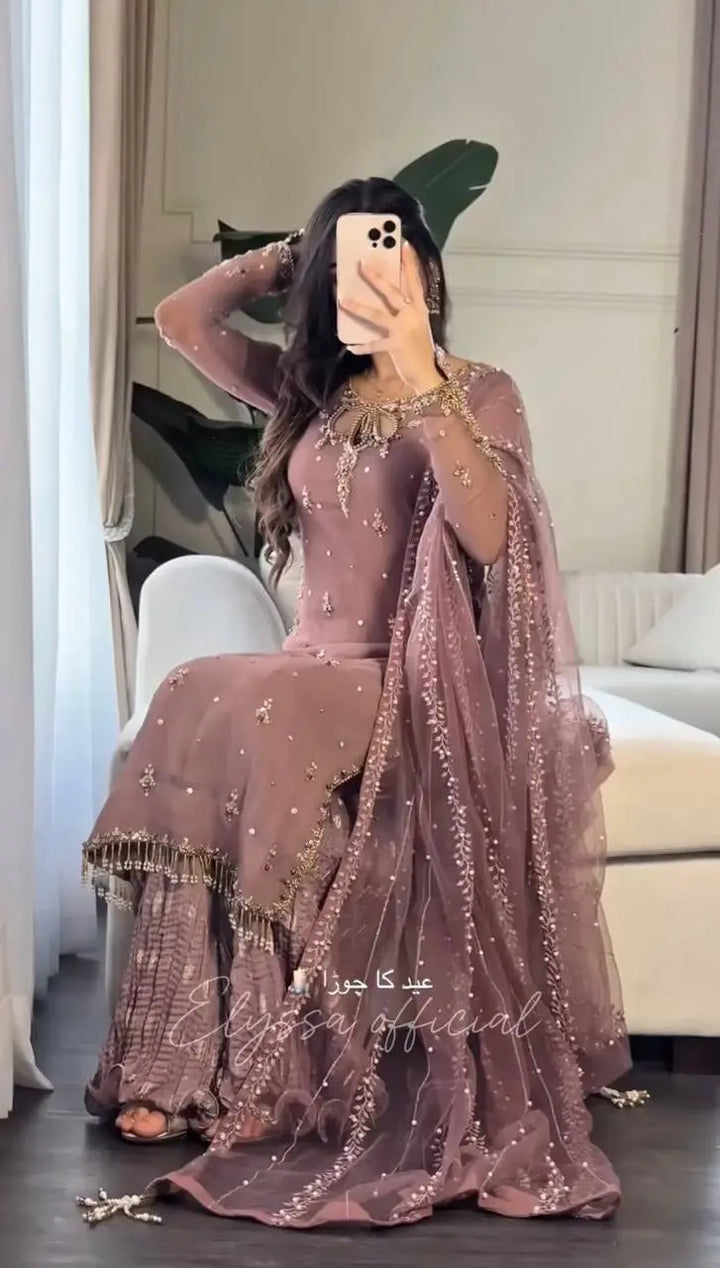 Dusty Mauve Embellished Pakistani Suit Set with Net Dupatta