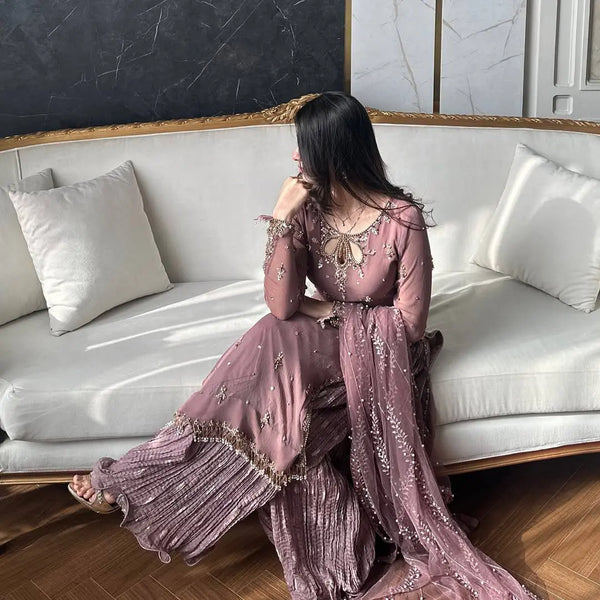 Dusty Mauve Embellished Pakistani Suit Set with Net Dupatta