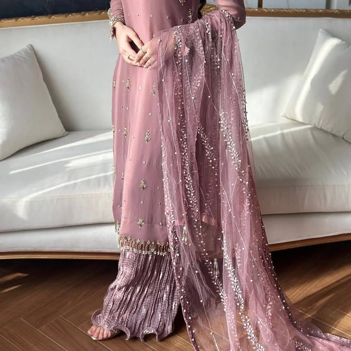 Dusty Mauve Embellished Pakistani Suit Set with Net Dupatta