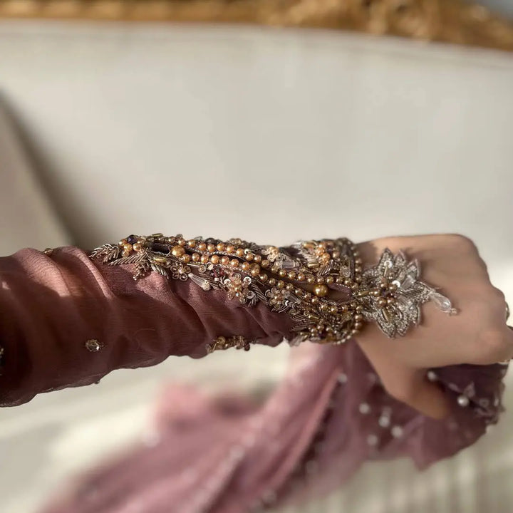 Dusty Mauve Embellished Pakistani Suit Set with Net Dupatta