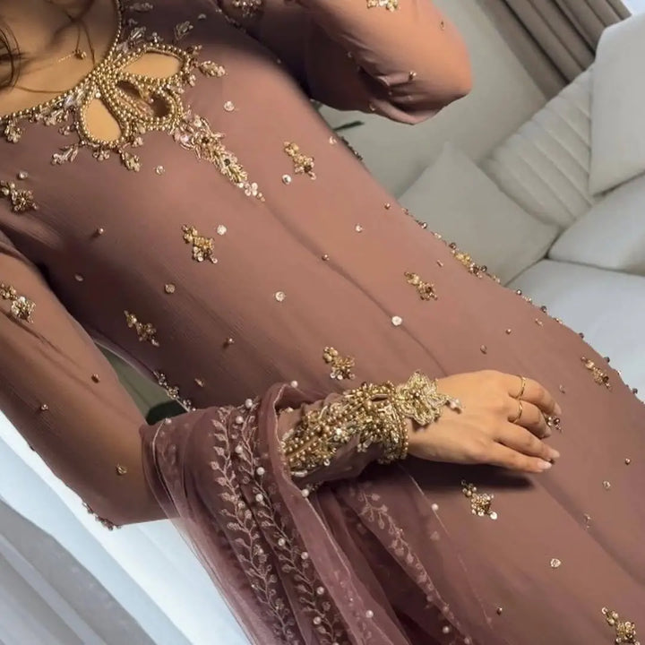 Dusty Mauve Embellished Pakistani Suit Set with Net Dupatta