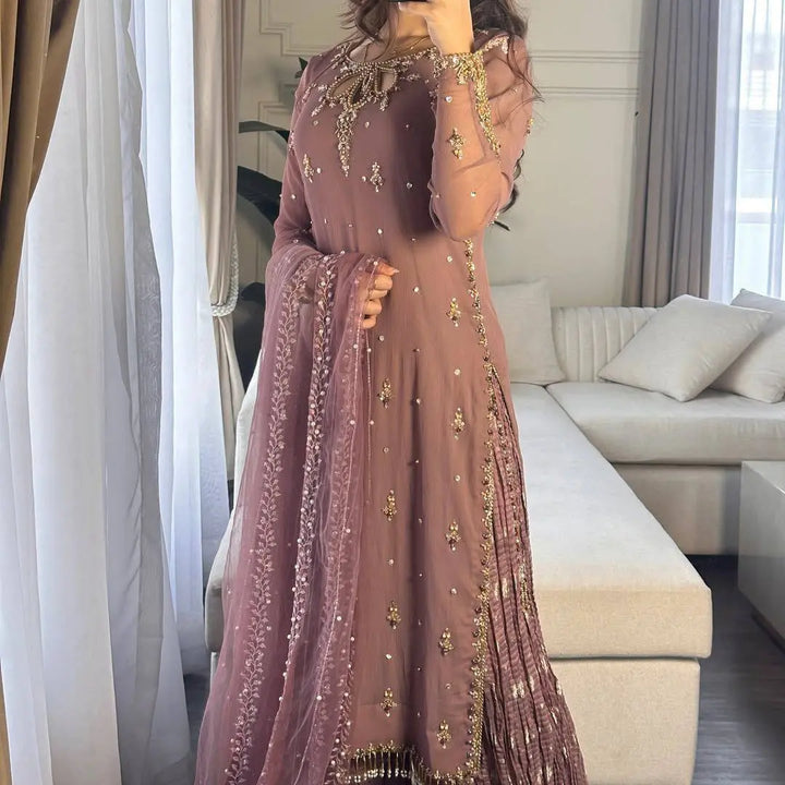 Dusty Mauve Embellished Pakistani Suit Set with Net Dupatta