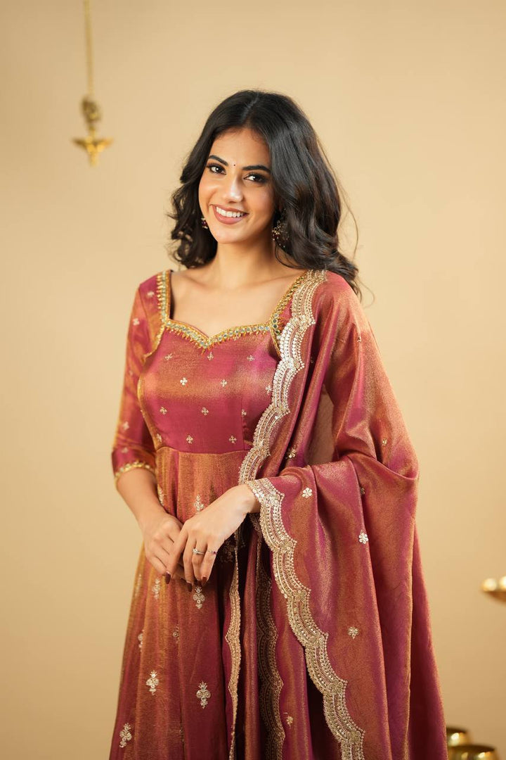 Wine Red Brocade Anarkali Gown with Zari Border Work