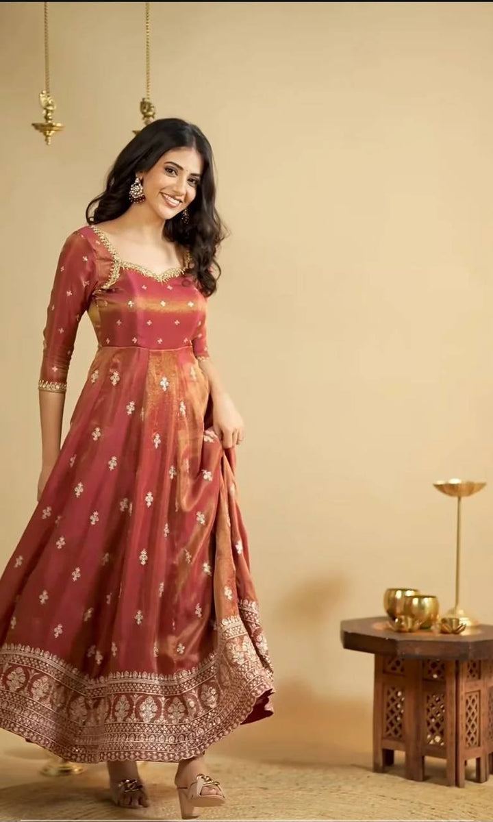 Wine Red Brocade Anarkali Gown with Zari Border Work