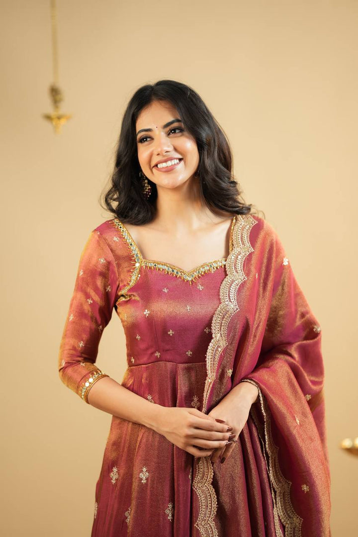 Wine Red Brocade Anarkali Gown with Zari Border Work