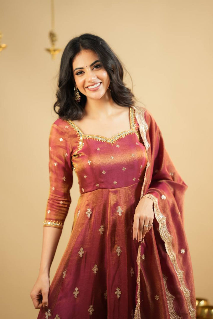 Wine Red Brocade Anarkali Gown with Zari Border Work