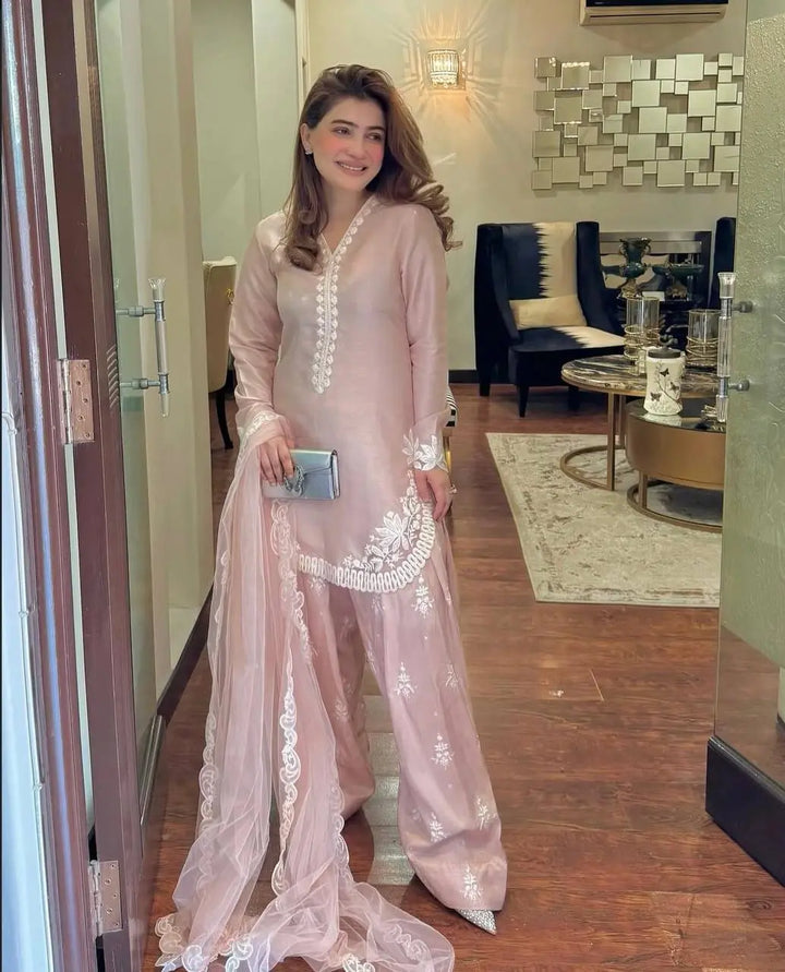 Blush Pink Embroidered Suit Set with Net Dupatta