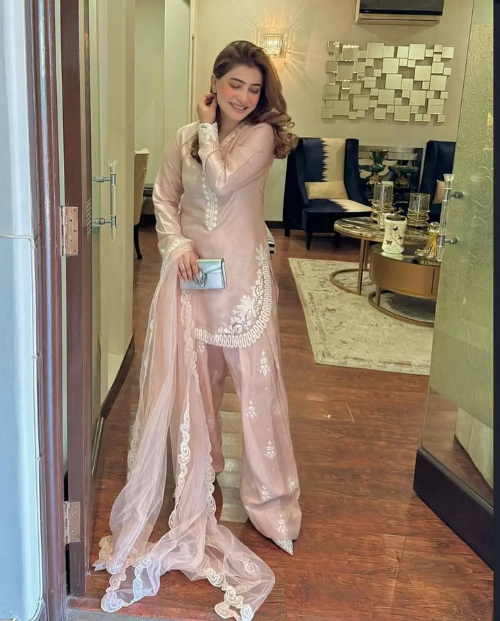 Blush Pink Embroidered Suit Set with Net Dupatta