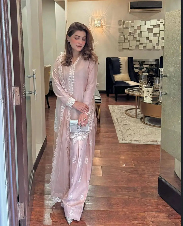 Blush Pink Embroidered Suit Set with Net Dupatta