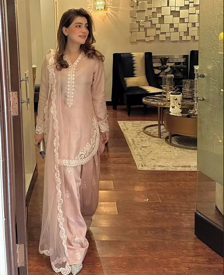 Blush Pink Embroidered Suit Set with Net Dupatta
