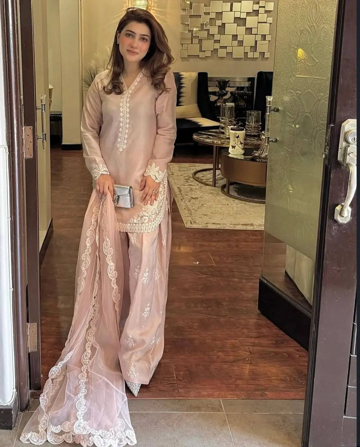 Blush Pink Embroidered Suit Set with Net Dupatta