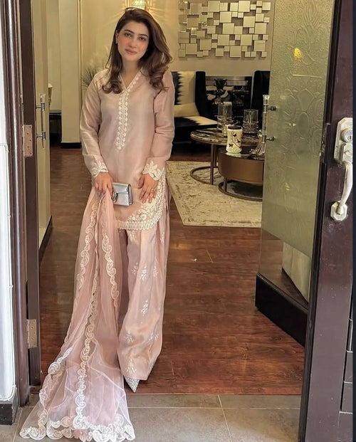 Blush Pink Embroidered Suit Set with Net Dupatta