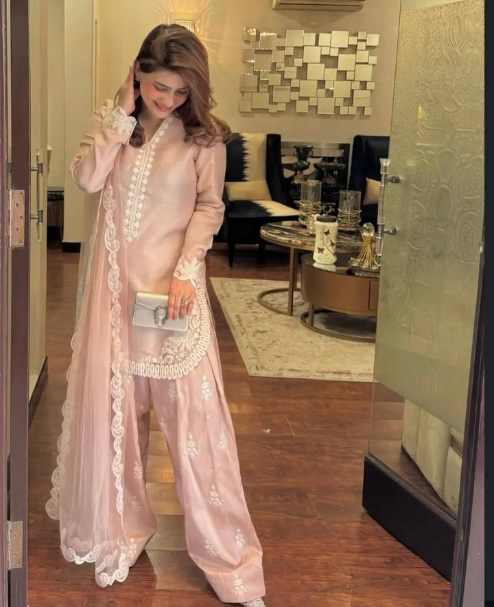 Blush Pink Embroidered Suit Set with Net Dupatta