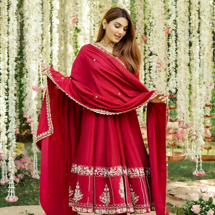 Ruby Red Embroidered Anarkali Suit Set with Dupatta