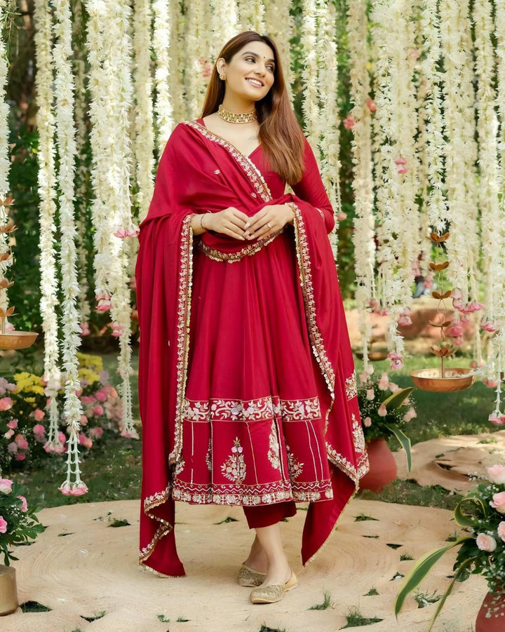 Ruby Red Embroidered Anarkali Suit Set with Dupatta
